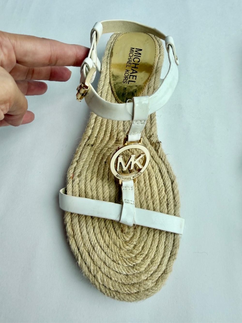 Michael Kors White MK Logo T-Strap Espadrille Sandals Size 6